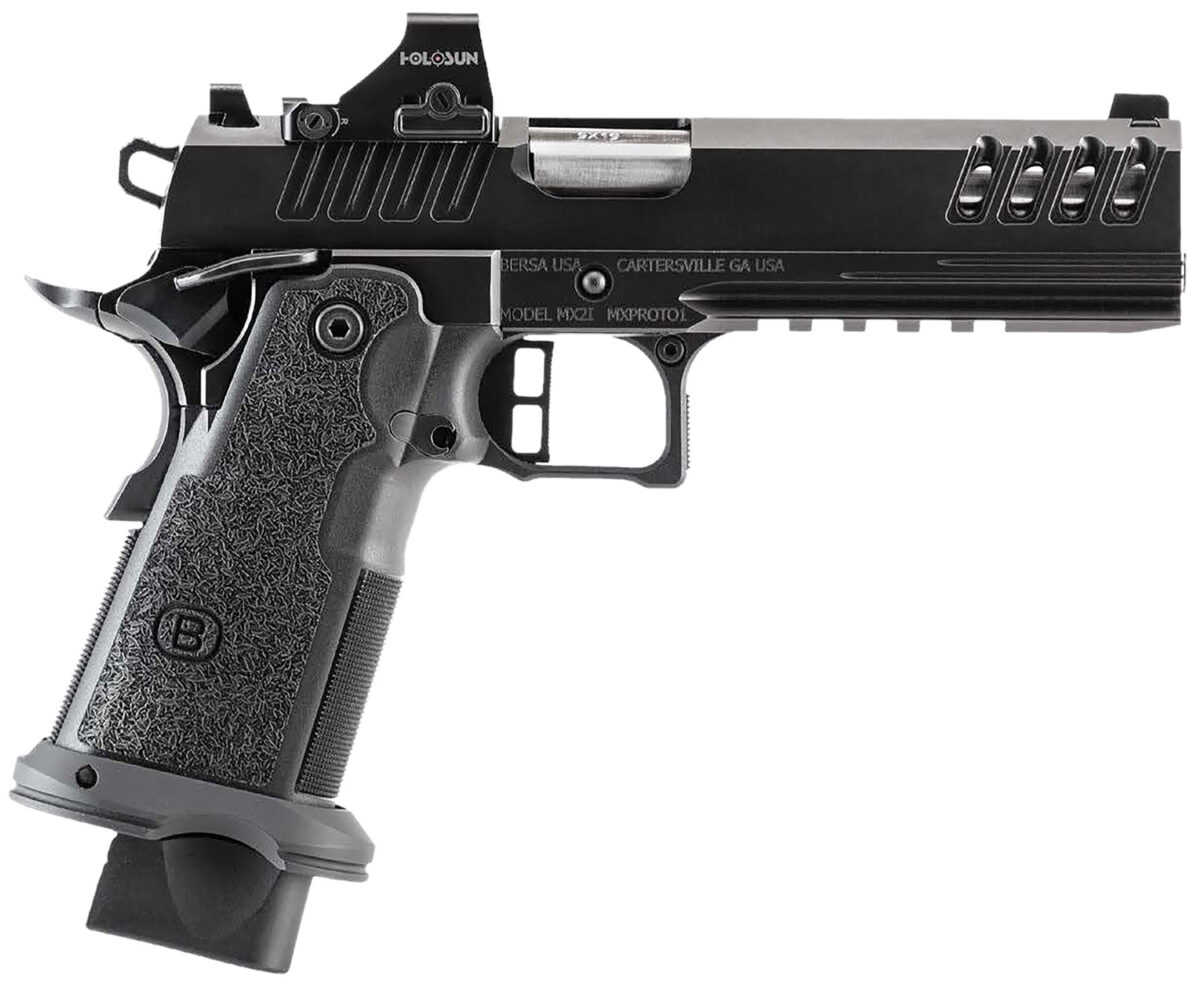 Bersa M2XIO5BBFN M2XI 9mm Luger 22+1 5" Match Grade Bull Barrel, QPQ Tenifer Cerakote Lightening Cut/Optic Cut/Serrated Steel Slide & Frame w/Beavertail & Picatinny Rail, Black Polymer Grip 1 173704