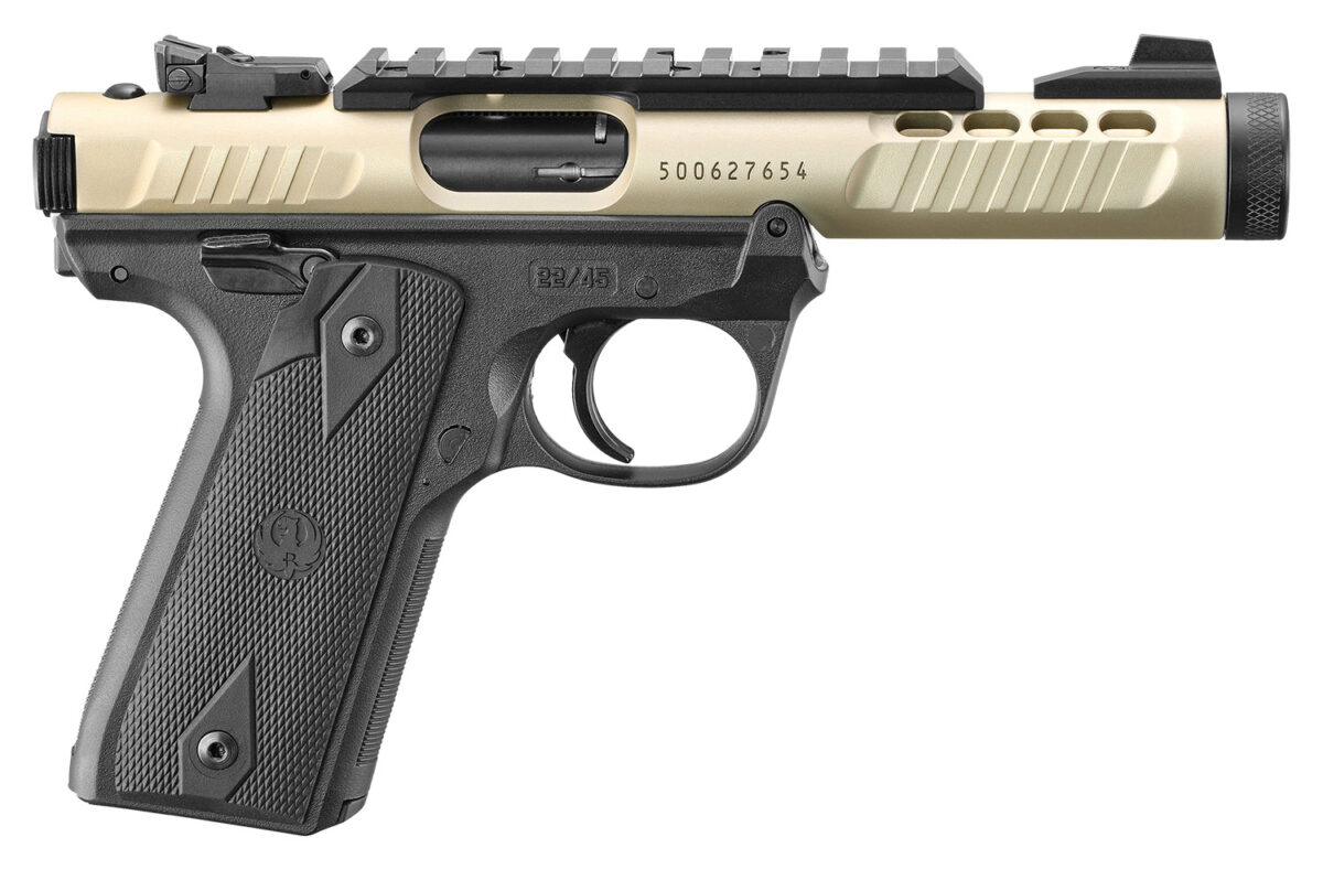 Ruger 43955 Mark IV 22/45 Lite 22 LR 10+1 4.40" Stainless Threaded Barrel, Champagne Anodized Serrated Slide w/Picatinny Rail, Black Anodized Polymer Frame, Black Checkered 1911-Style Grip 1 174474