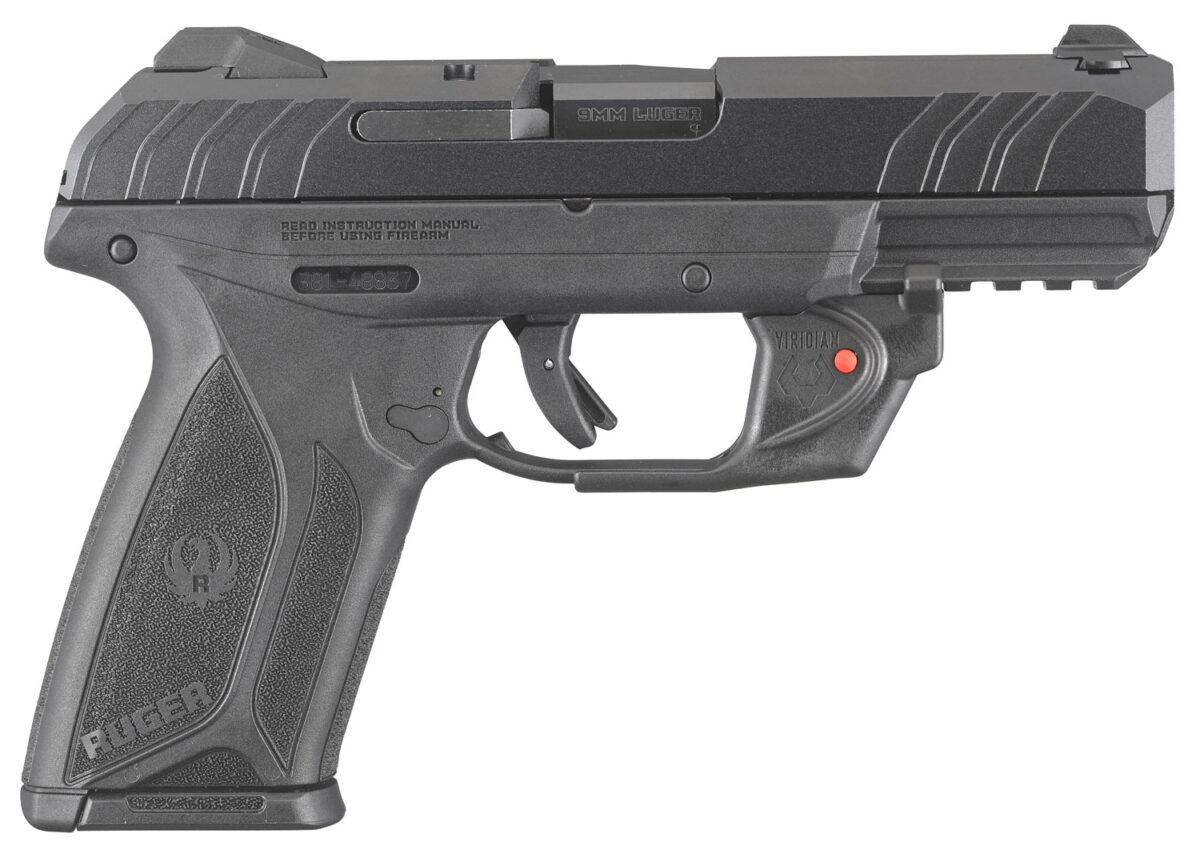 Ruger 3816 Security-9 9mm Luger 4" Barrel 15+1, Black Polymer Frame With Picatinny Acc. Rail, Front Serrated Black Oxide Steel Slide, Manual Safety, Includes Viridian Red Laser 1 105557