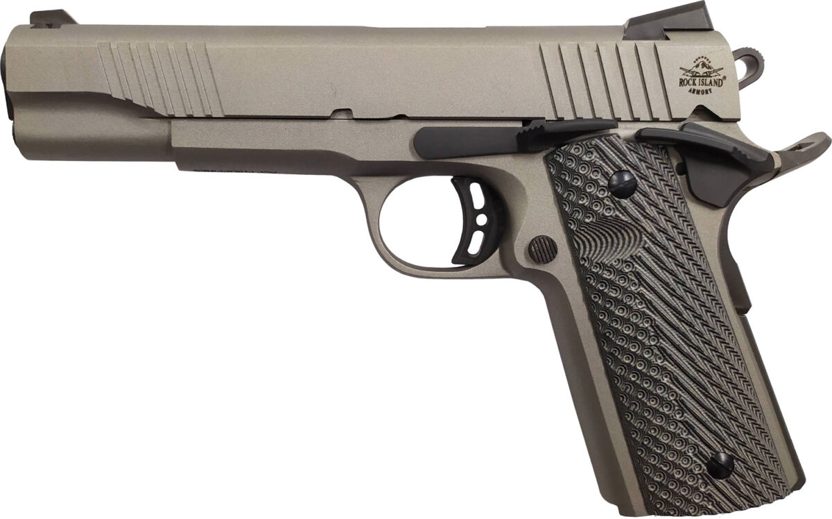 Rock Island 56419 Rock Standard FS *CA Compliant 45 ACP Caliber with 5" Barrel, 8+1 Capacity, Overall Gun Metal Gray Cerakote Finish Steel, Beavertail Frame, Serrated Slide & Black G10 Grip 1 119662