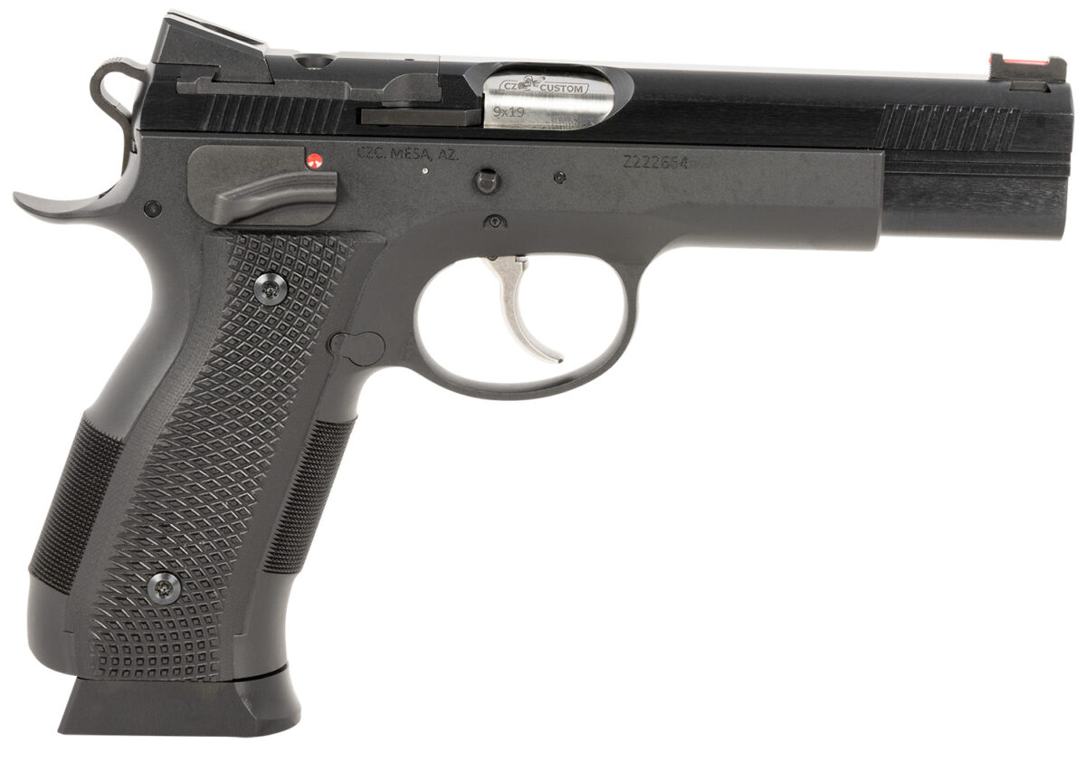 CZ-USA 91732 A01-SD 9mm Luger 19+1 4.93" Blued Match Grade Bull Barrel, Blued Optic Ready/Serrated Steel Slide, Blued Steel Frame w/Beavertail, Black Checkered Polymer Grip 1 150415