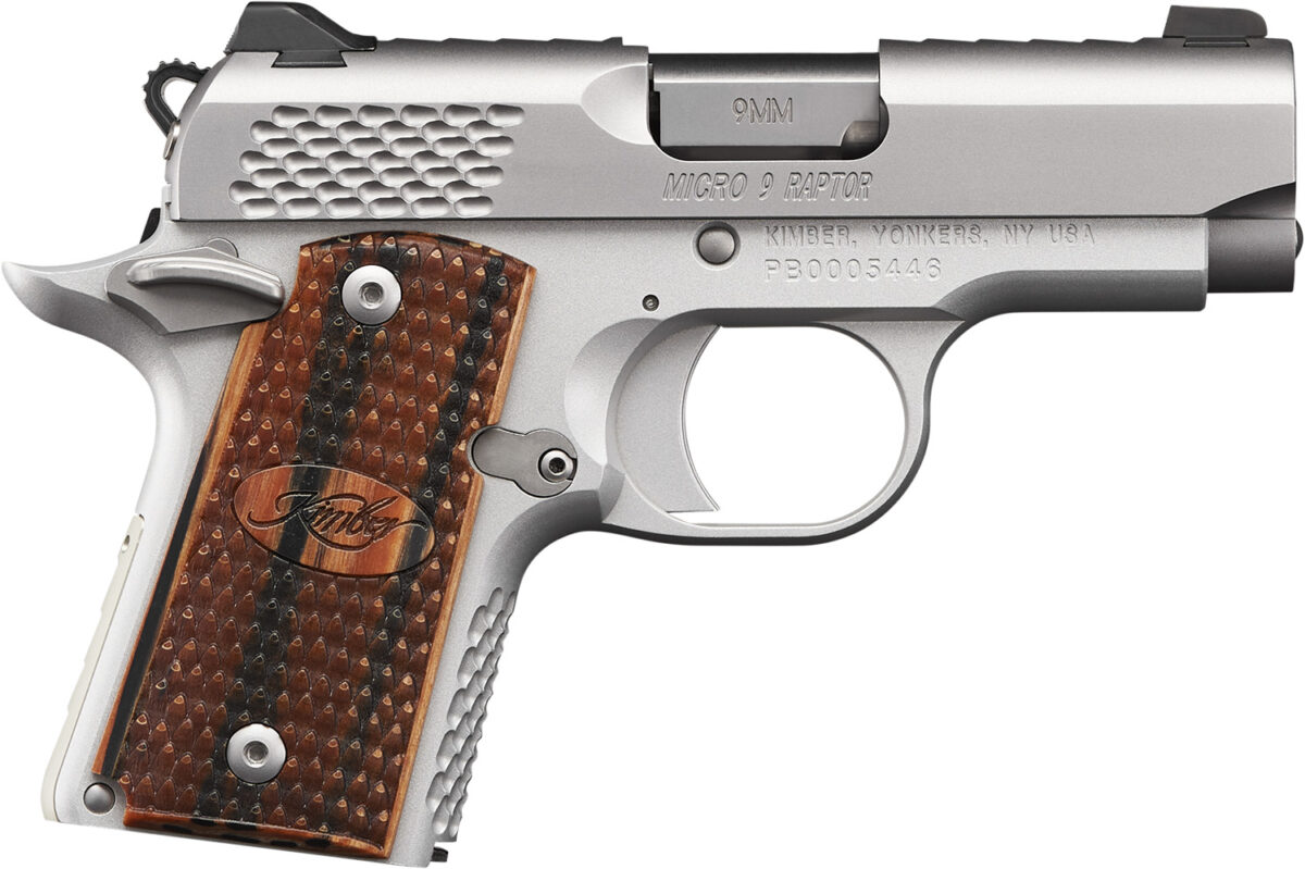 Kimber Mfg.,inc 3300109 Micro 9 Stainless Raptor 9mm 6+1 3.15" Stainless Steel Slide KimPro Silver Zebrawood with Scale Pattern and Kimber logo Grip 1 170624