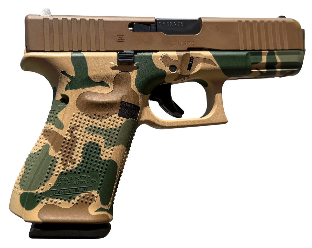 Glock PA195S204DHG G19 Gen5 Compact Frame 9mm Luger 15+1 4.02" Black GMB Barrel, Vintage Camo Brown cerakote Serrated Steel Slide, Camo Polymer Frame w/Picatinny Rail & Grip, Ambidextrous 1 179186