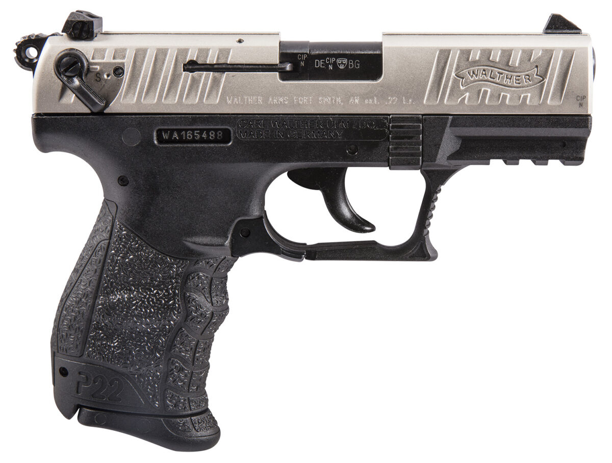 Walther Arms 5120336 P22 *CA Compliant 22 LR 10+1 3.42" Nickel Serrated/Steel Slide, Black Polymer Frame w/Picatinny Rail, Black Interchangeable Backstrap Grips 1 89503