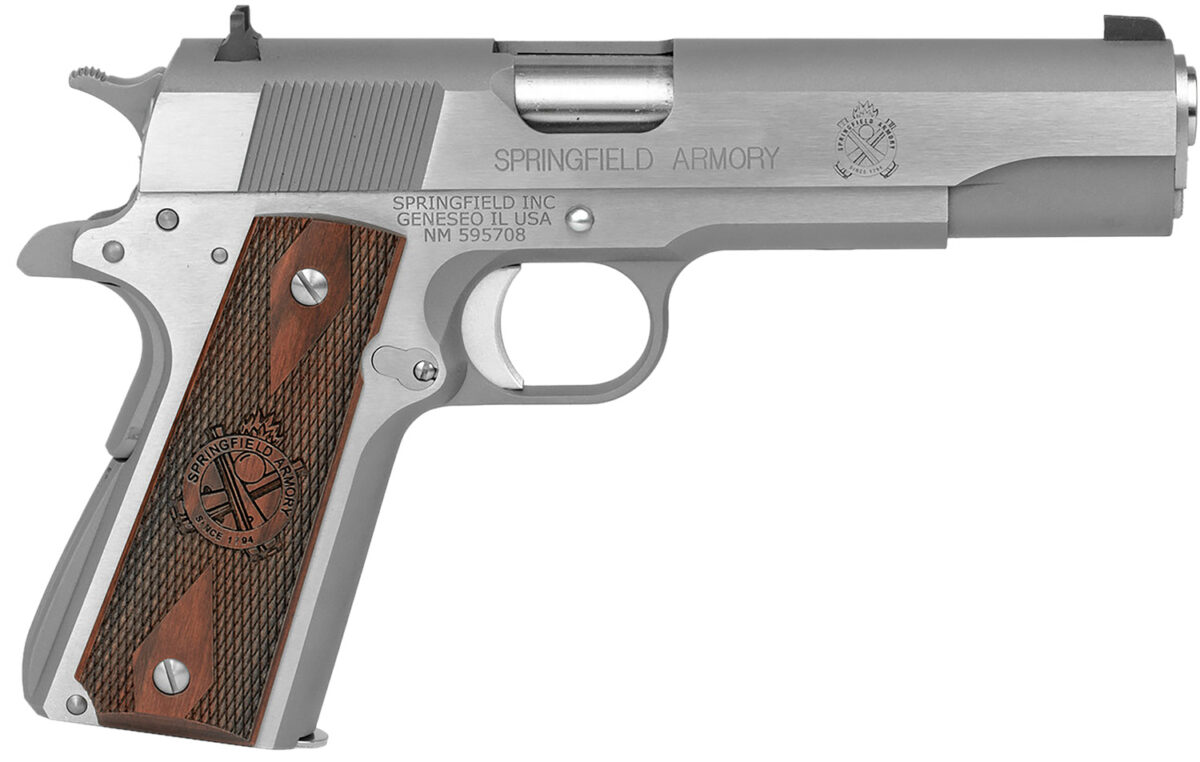 Springfield Armory PB9151LCA 1911 Mil-Spec *CA Compliant 45 ACP 7+1, 5" Stainless Match Grade Steel Barrel, Serrated Stainless Steel Slide & Frame w/Beavertail, Crossed Cannon Cocobolo Grip 1 24314