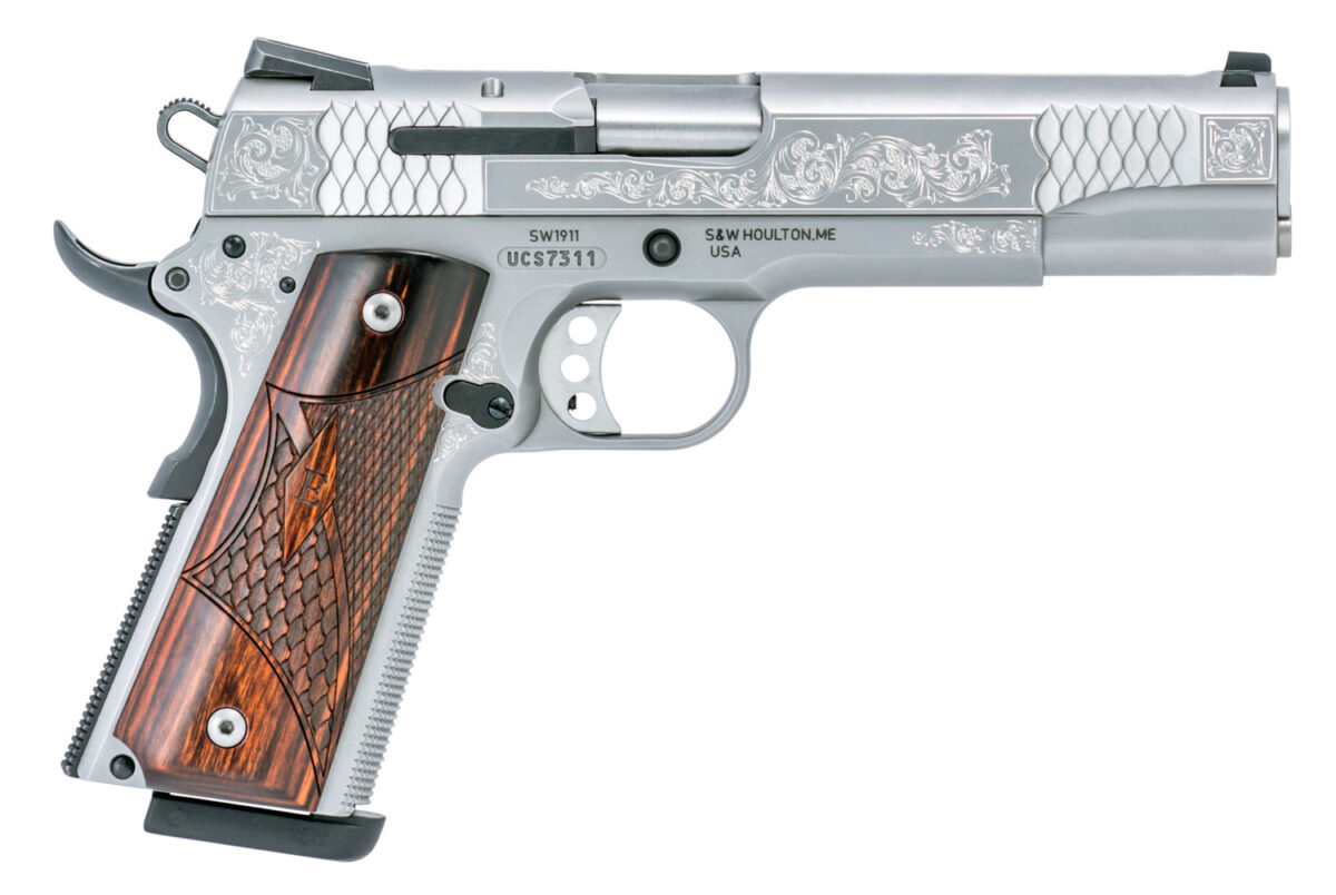 Smith & Wesson 10270 1911 E-Series Full Size Frame 45 ACP 8+1, 5" Stainless Steel Barrel, Glass Bead w/Engraving Serrated SS Slide, Matte Silver Engraved SS Frame w/Beavertail, Ambidextrous 1 10731