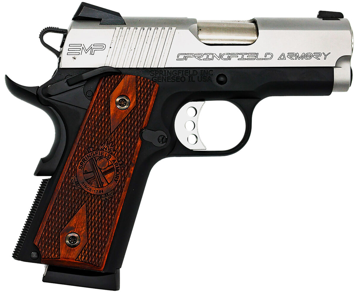Springfield Armory PI9209LCA 1911 EMP *CA Compliant 9mm Luger 3" 9+1 Black Hardcoat Anodized Stainless Steel Slide Crossed Cannon Cocobolo Grip 1 24312