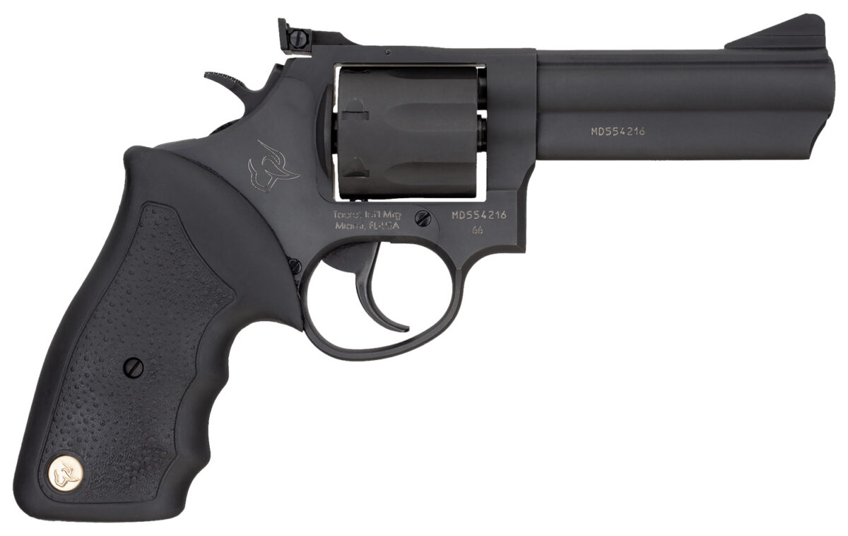 Taurus 2-660041 66 Medium 357 Mag/38 Special +P 7 Shot 4" Matte Black Oxide Ally Steel Barrel, Cylinder & Frame, Black Finger Grooved Rubber Grip, Transfer Bar Safety, Exposed Hammer 1 31302