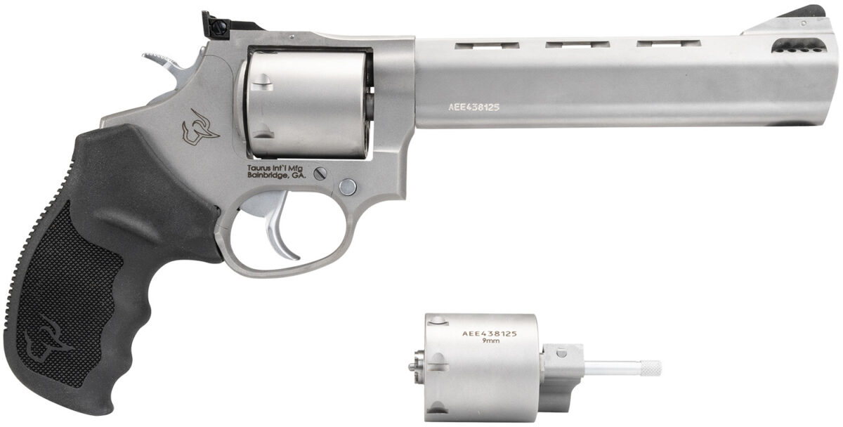 Taurus 2-692069 692 Medium 38 Special +P/357 Mag/ 9mm Luger 7 Shot 6.50" Matte Stainless Vent Rib Barrel, Cylinder & Frame, Black Ribber Grip, Transfer Bar Safety, Exposed Hammer, 2 Cylinders 1 100194