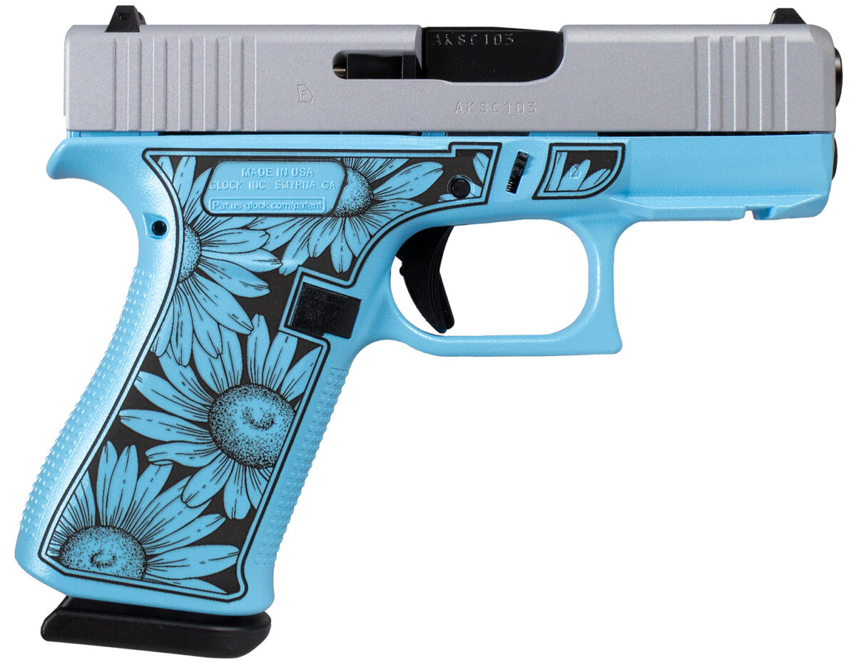 Glock UX4350204FRDAISYBLUESlim Sub-Compact Frame 9mm Luger 10+1 3.41" Black GMB Barrel, Serrated Steel Slide, Blue Cerakote Polymer Frame w/Black Daisy Laser Engraving Grip, Front Rail 1 174780