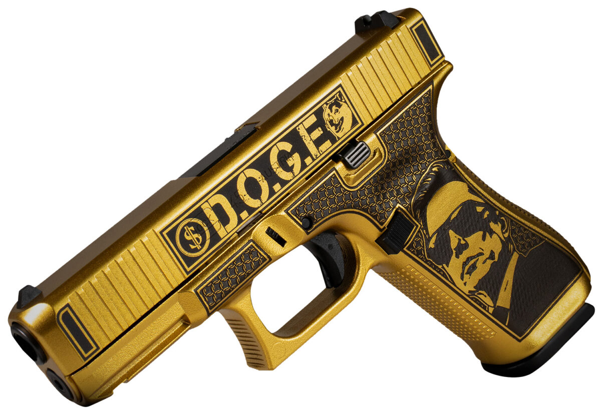 Glock PA455S204NDGE G45 Gen5 9mm Luger 17+1 4.02" Black GMB Barrel, Glamour Glock Gold Cerakote Serrated Steel Slide w/D.O.G.E., Glamour Glock Gold Cerakote Polymer Frame w/Trump & Elon 1 179184