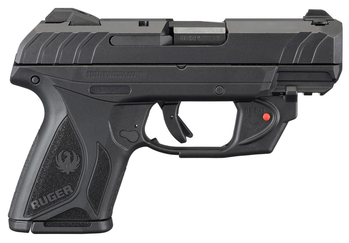 Ruger 3830 Security-9 Compact 9mm Luger 3.42" Barrel 10+1, Black Nylon Grip Frame With Picatinny Acc. Rail, Black Oxide Steel Slide, Manual Safety, Includes Viridian Red Laser 1 115154