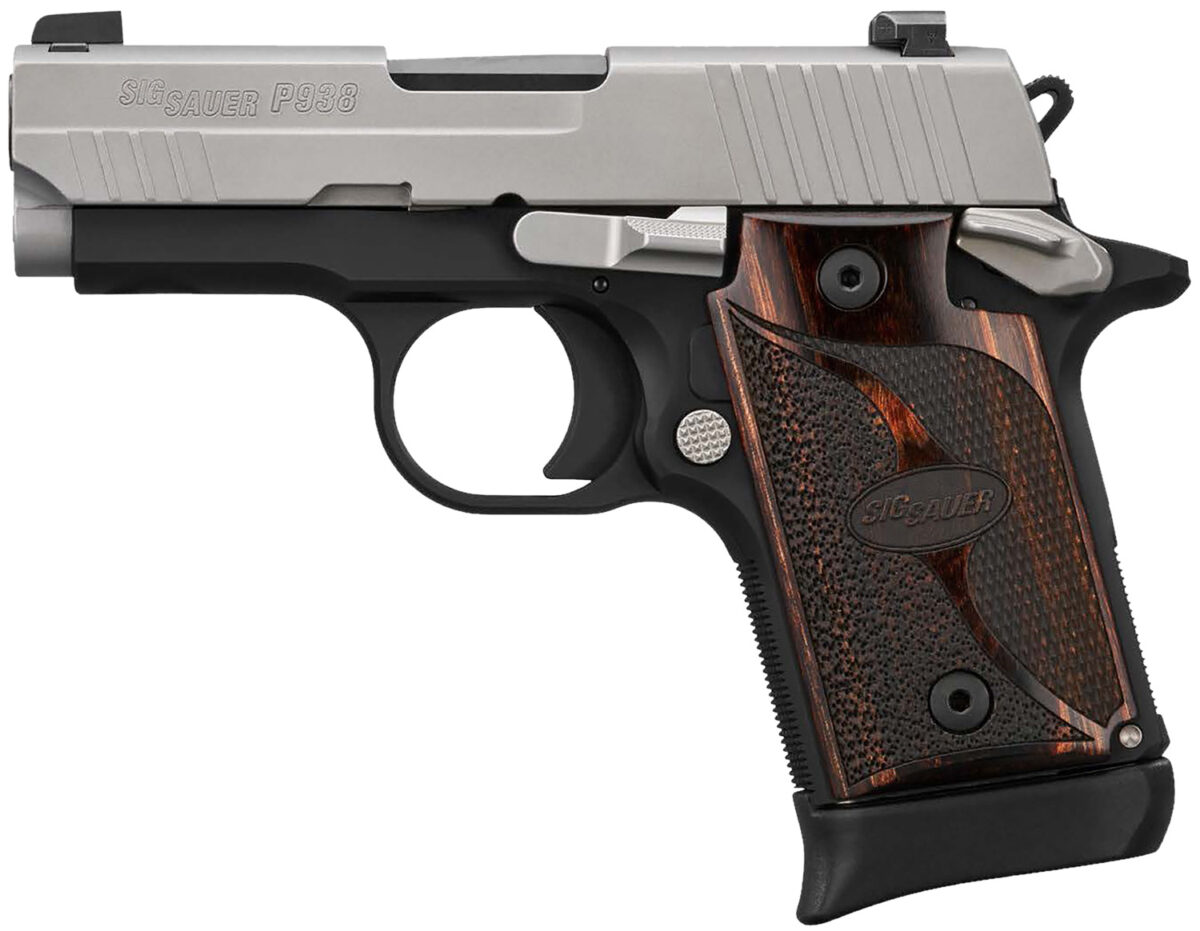 Sig Sauer 9389TXR3AMBI P938 Micro-Compact Frame 9mm Luger 6+1/7+1 3" Black Steel Barrel, Bead Blast Serrated Stainless Steel Slide, Black Anodized Aluminum Frame w/Beavertail, Rosewood Hogue Grip 1 171350