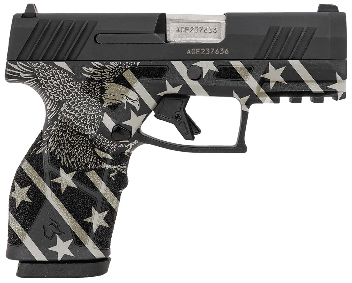 Taurus 1-GX2931-10EN1 GX2 Compact Frame 9mm Luger 10+1 3.38" Stainless Steel Barrel, Matte Black Serrated Alloy Steel Slide, Black w/Eagle, Stars & Stripes Polymer Frame w/Accessory Rail 1 179229