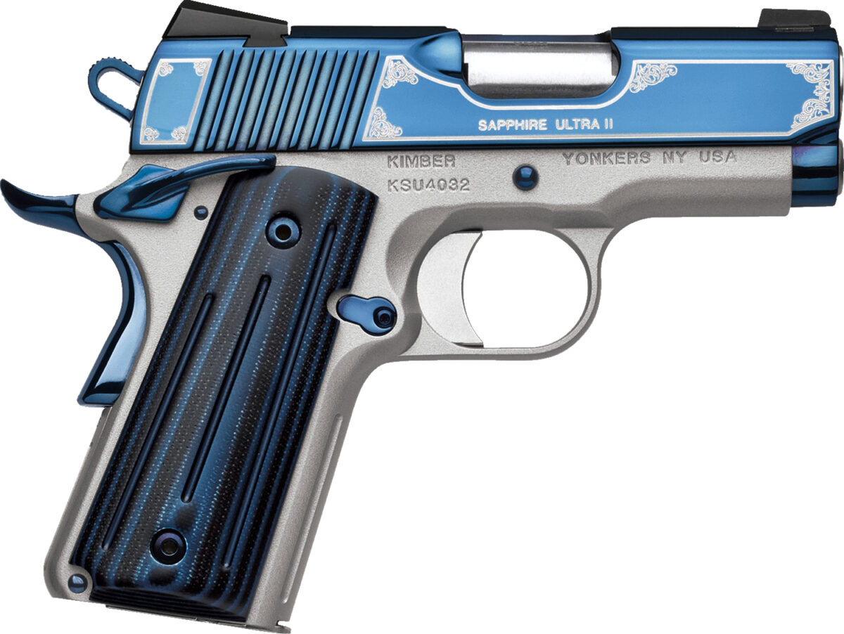 Kimber Mfg, Inc 3200362 Ultra II 45 ACP 7+1 3" Stainless Match Grade Barrel, Engraved Sapphire Blue PVD Serrated Stainless Steel Slide, Satin Silver Aluminum Frame w/Beavertail, G10 Grip 1 170500