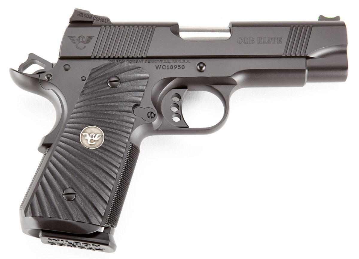 Wilson Combat CQBECP45 CQB Elite Compact Frame 45 ACP 7+1 4" Stainless Match Grade Barrel, Black Serrated Carbon Steel Slide, Black Armor-Tuff Carbon Steel w/Beavertail, Black G10 Starburst Grip 1 111854