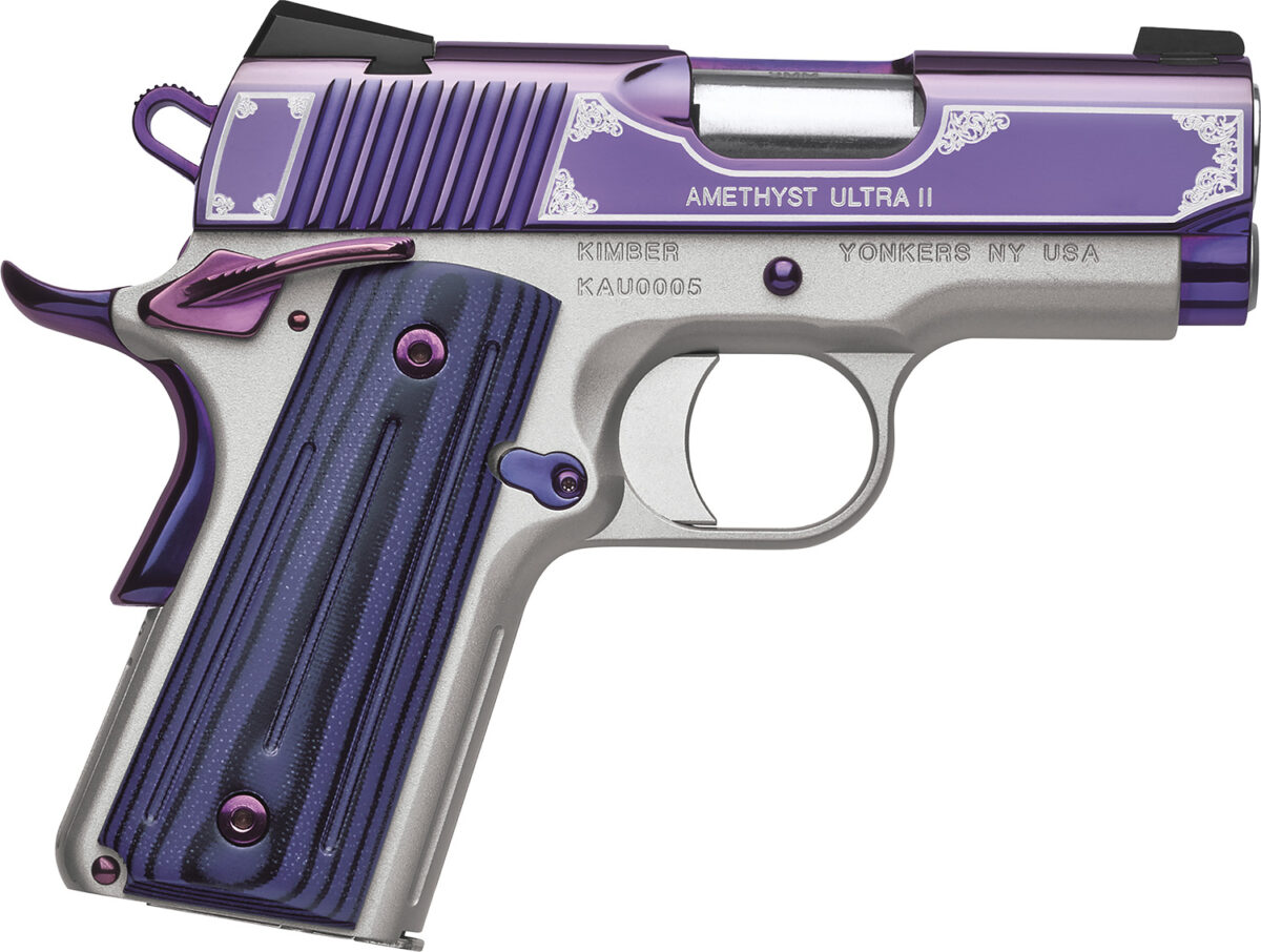 Kimber Mfg, Inc 3200319 Ultra II 9mm Luger 8+1 3" Stainless Match Grade Barrel, Engraved Purple Amethyst PVD Serrated Stainless Steel Slide, Satin Silver Aluminum Frame w/Beavertail, G10 Grip 1 170499