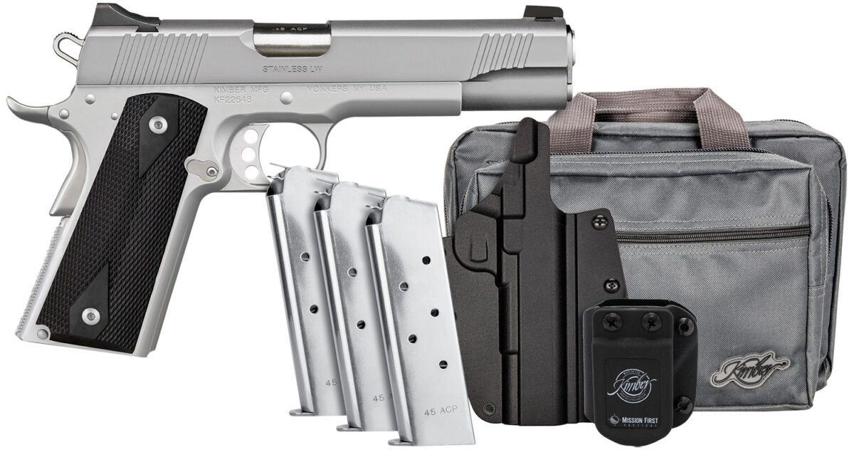 Kimber Mfg, Inc 3700826 Stainless LW Club Bundle Full Size Frame 45 ACP 7+1 5" Stainless Match Grade Barrel, Serrated Stainless Steel Slide, Stainless Aluminum Frame w/Beavertail, Black Textured Grip 1 170544
