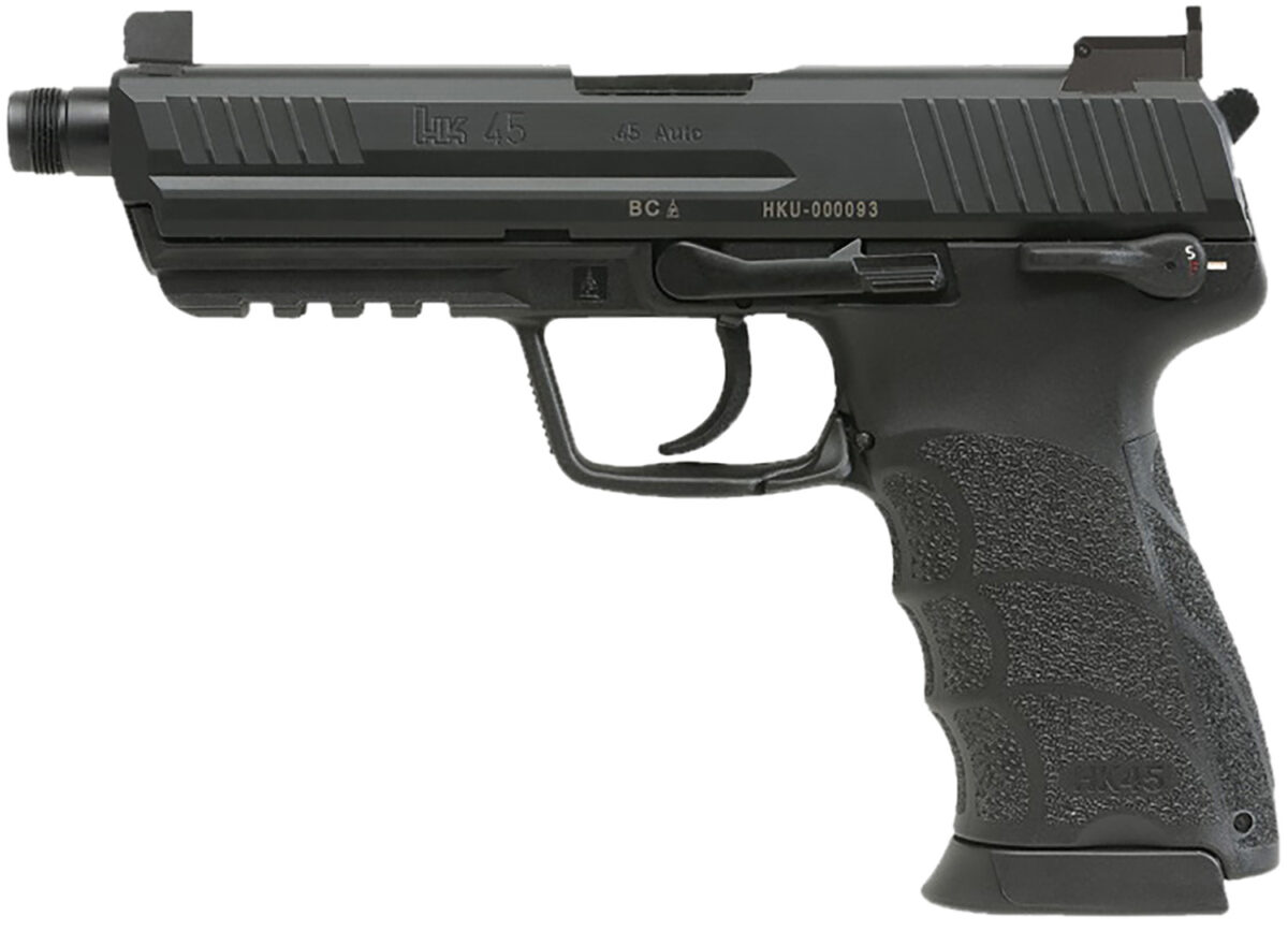 HK 81001117 HK45 V1 .45 ACP 10+1 4.46" Black Threaded Barrel, Black Cerakote Serrated Steel Slide, Black Polymer Frame w/Picatinny Rail, Ambidextrous 1 172731