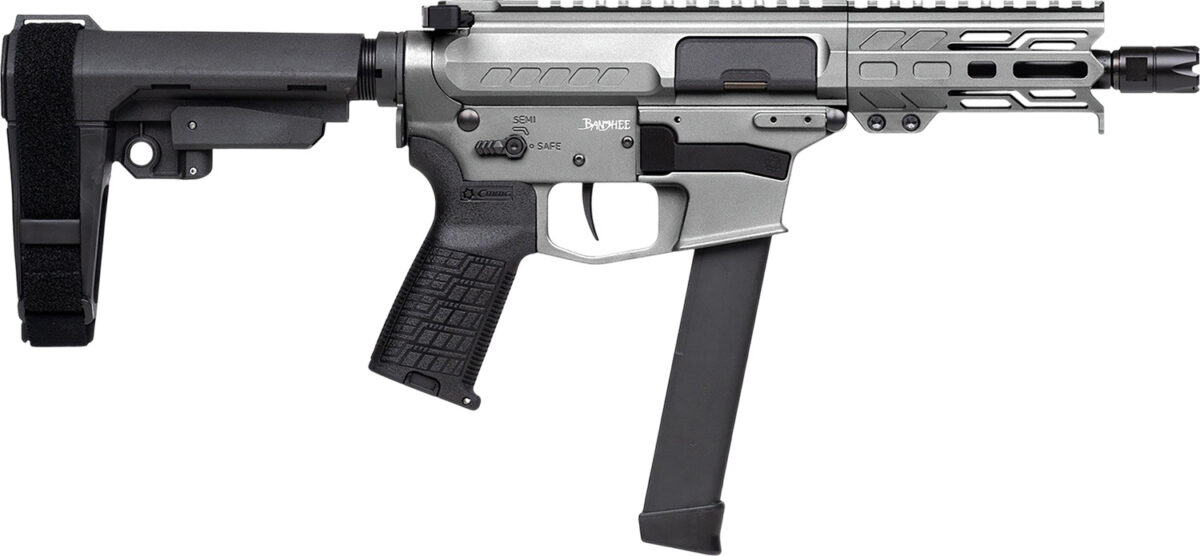 CMMG 99A290FTNG Banshee FE MkGs 9mm Luger 33+1 5" Black Nitride Threaded Barrel, M-LOK Handguard, Tungsten Cerakote Aluminum Receiver w/Picatinny Rail, Black Polymer CMMG RipBrace, CMMG Zeroed Grip 1 184131