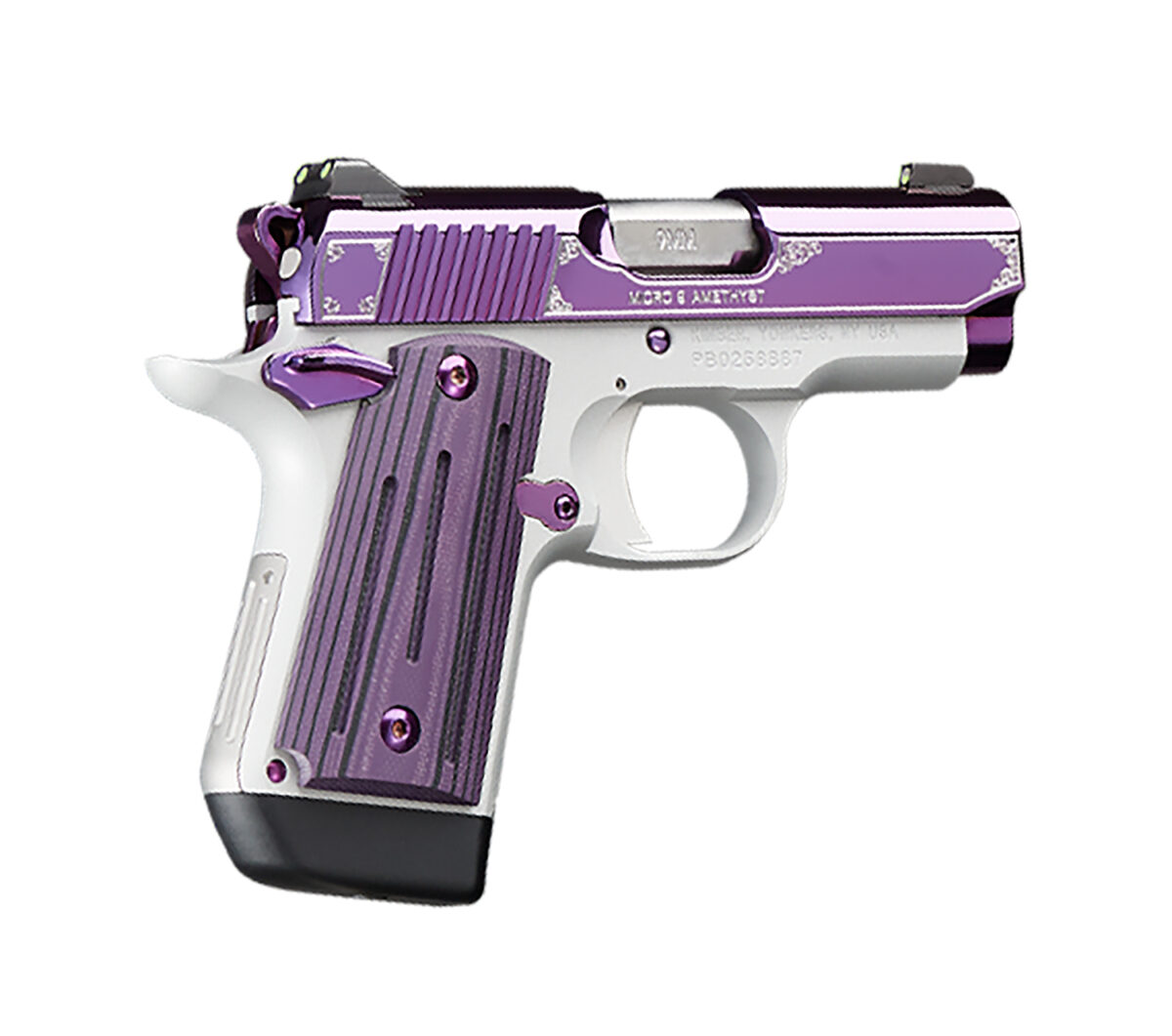 Kimber Mfg, Inc 3300214 Micro 9 9mm Luger 7+1 3.15" Stainless Ramped Steel Barrel, Purple PVD w/Border Engraving Stainless Steel Serrated Slide, Kimpro II Silver Aluminum Frame, Black/Purple G10 Grip 1 184146