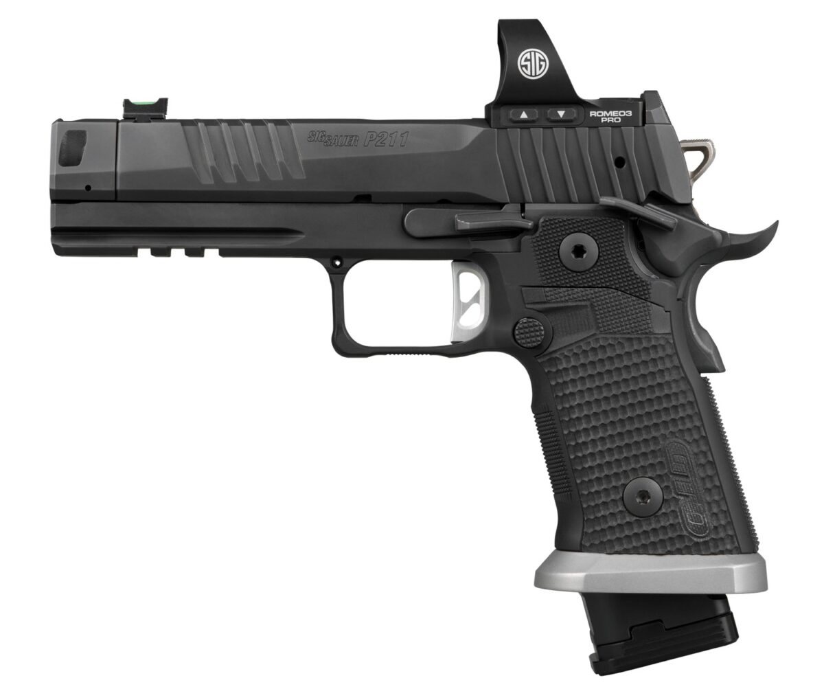 Sig Sauer P211 GTO w/Optic 9mm Luger 23+1 4.40" Bull Barrel, Black Nitron Stainless Steel Serrated w/Optic Slide & Frame w/Beavertail & Picatinny Rail, Black G10 Grip, Sig ROMEO3 PRO Red Dot, Ambidex 1 197132