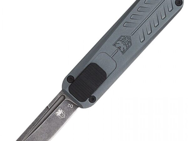 CobraTec Knives CALI928SBGRYDNS California 928SB 1.75" OTF Drop Point Plain Stonewashed D2 Steel Blade/ Gray Anodized Aluminum Handle Includes Pocket Clip/Pouch