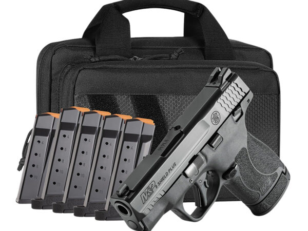 Smith & Wesson 14750 M&P Shield Plus Bundle Micro-Compact 9mm Luger 13+1, 3.10" Black Armornite Stainless Steel Barrel & Serrated Slide, Matte Black Polymer Frame,  Thumb Safety, 6 Mags & Bag