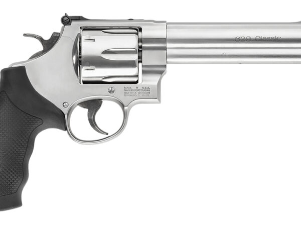 Smith & Wesson 163638 Model 629 Classic 44 Rem Mag or 44 S&W Spl Stainless Steel 6.50" Barrel & 6rd Cylinder, Satin Stainless Steel N-Frame, Red Ramp Front/White Outline Rear Sights