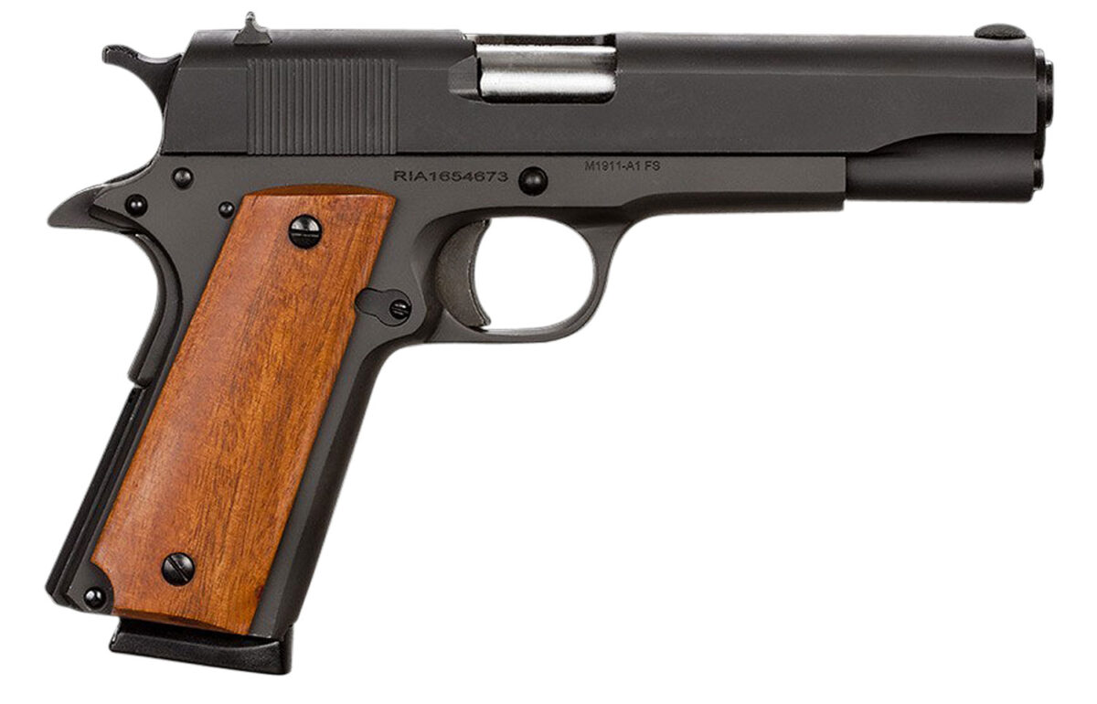 Rock Island 51421 GI Standard FS *CA Compliant 45 ACP Caliber with 5" Barrel, 8+1 Capacity, Overall Black Parkerized Finish Steel, Beavertail Frame, Serrated Slide & Wood Grip 1 35151 1