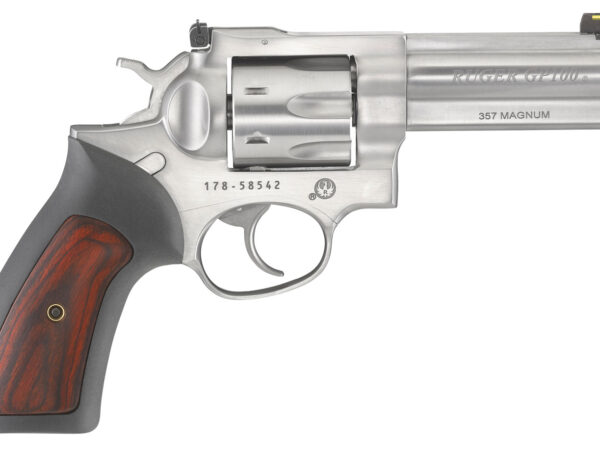 Ruger 1771 GP100  357 Mag 7 Shot, 4.20" Satin Stainless Steel Barrel, Satin Stainless Cylinder, Satin Stainless Steel Frame, Black Rubber w/Wood Insert Grip, Exposed Hammer