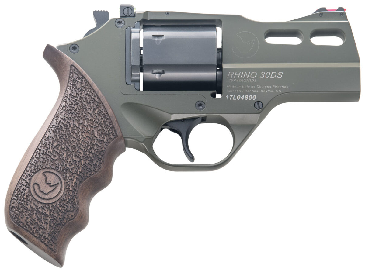 Chiappa Firearms 340285 Rhino 30DS Small Frame 357 Mag 6 Shot 3" Green Cerakote Steel Vent Rib Barrel, Blued Steel Cylinder, Green Cerakote Aluminum Frame, Walnut Grip, Concealed Hammer 1 51814