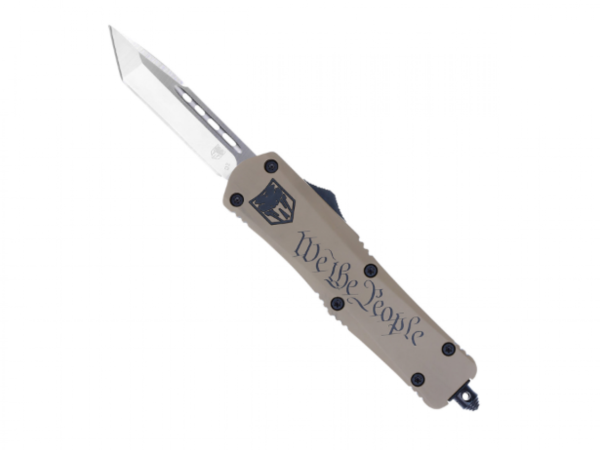 CobraTec Knives MWTPFS3TNS FS-3 We The People Medium 3" OTF Tanto Plain D2 Steel Blade Tan w/"We The People" Aluminum Cerakoted Handle Features Glass Breaker Includes Pocket Clip