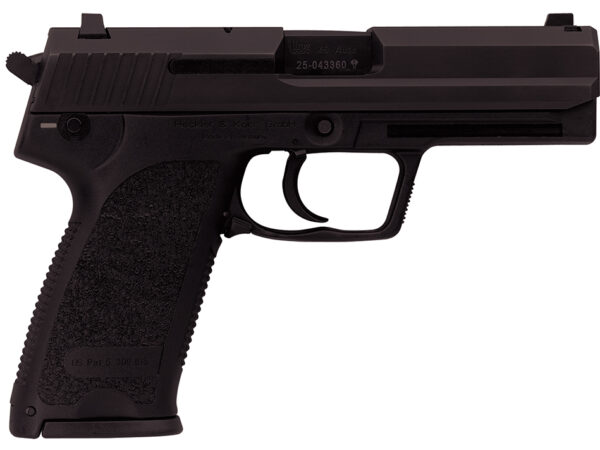 HK 81000326 USP V7 LEM 45 ACP Caliber with 4.41" Barrel, 12+1 Capacity, Overall Black Finish, Serrated Trigger Guard Frame, Serrated Steel Slide &  Polymer Grip Includes 2 Mags