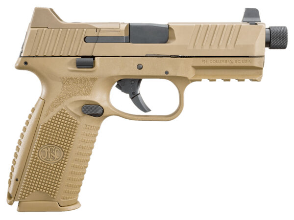 FN 66100383 509T  9mm Luger 10+1 4.50" Black Steel Threaded Barrel, Flat Dark Earth Optic Cut/Serrated Stainless Steel Slide, Flat Dark Earth Polymer Frame w/Picatinny Rail