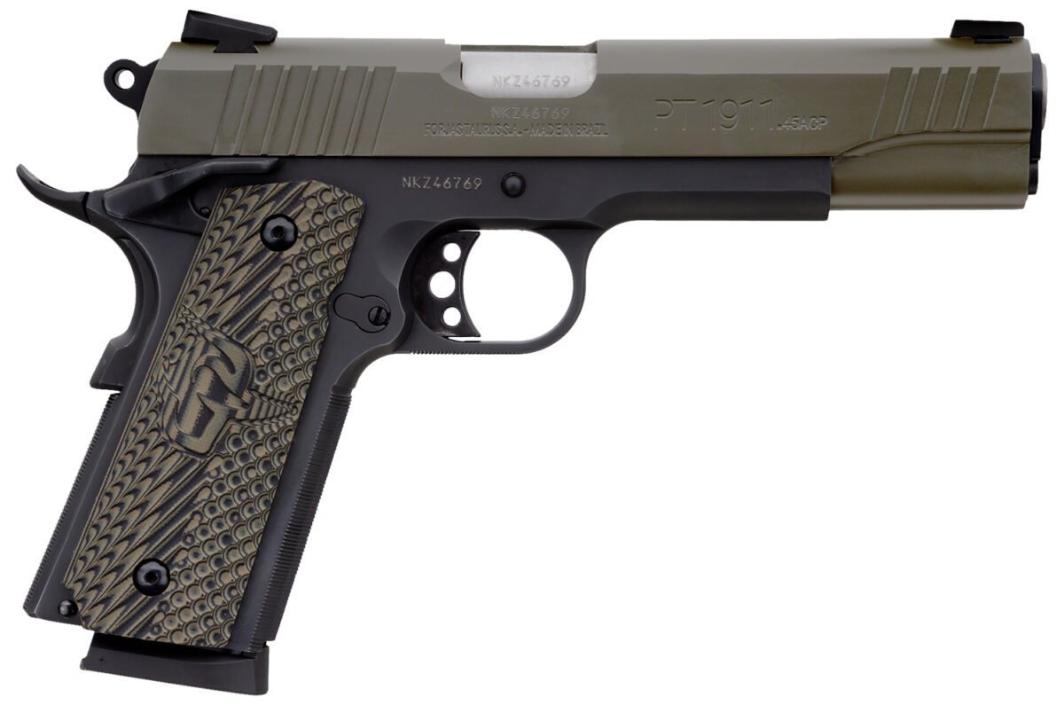 Taurus 1191101MGVZ 1911 45 ACP 8+1 5" Barrel, Matte Black Finish Beavertail Frame, Serrated Mil-Spec Green Cerakote Slide & Brown VZ Operator II Grip 1 106116