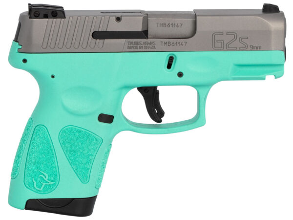 Taurus 1G2S939C G2S  Compact Frame 9mm Luger 7+1 3.26" Matte Stainless Steel Barrel, Matte Serrated Stainless Steel Slide, Cyan Polymer Frame w/Picatinny Rail & Polymer Grip, Right Hand