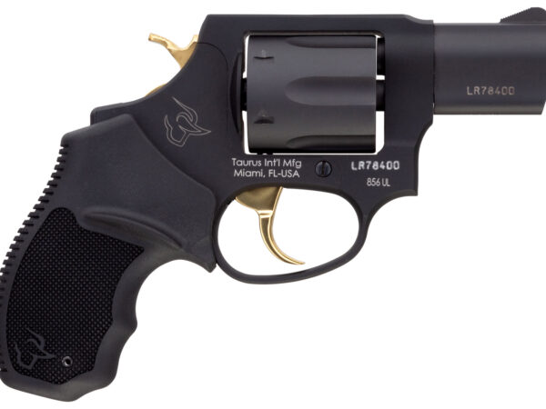 Taurus 2-856021ULGLD 856 Ultra-Lite 38 Special Caliber with 2"  Barrel, 6rd Capacity Cylinder, Overall Matte Black Metal Finish, Gold Trigger/Hammer Frame & Finger Grooved Black Rubber Grip