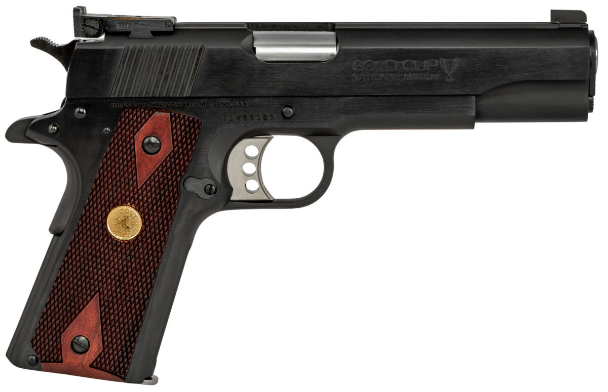 Colt Mfg O5873A1 1911 Gold Cup 38 Super Caliber with 5" National Match Barrel, 9+1 Capacity, Overall Blued Finish Steel, Serrated Slide & Double Diamond Checkered Rosewood Grip 1 115395