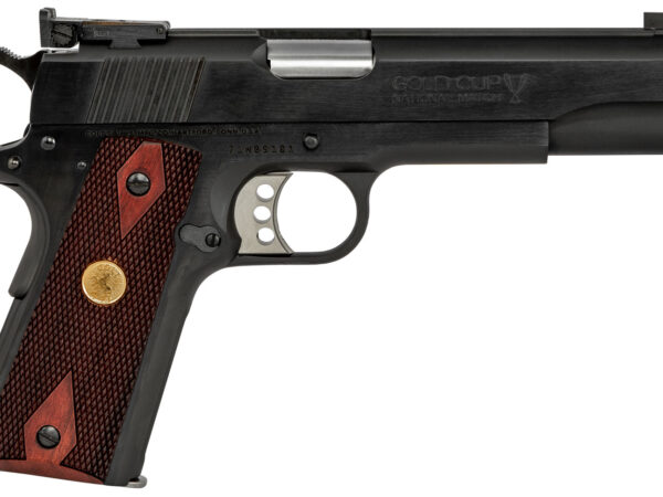 Colt Mfg O5873A1 1911 Gold Cup 38 Super Caliber with 5" National Match Barrel, 9+1 Capacity, Overall Blued Finish Steel, Serrated Slide & Double Diamond Checkered Rosewood Grip