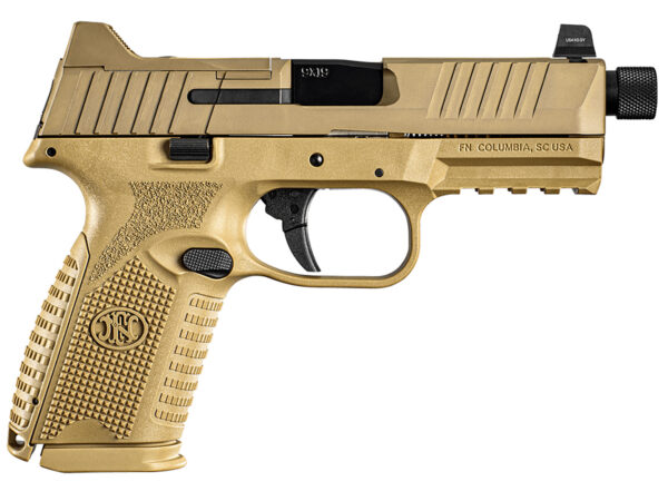 FN 66100746 509MT  9mm Luger 10+1, 4.50" Black Target Crown/Threaded Steel Barrel, Flat Dark Earth Optic Cut/Serrated Steel Slide, Flat Dark Earth Polymer Frame w/Picatinny Rail, Ambidextrous