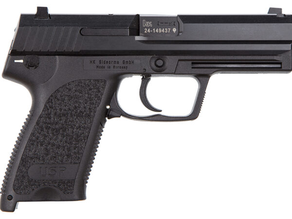 HK 81000307 USP V1 SA/DA 9mm Luger Caliber with 4.25" Barrel, 15+1 Capacity, Overall Black Finish, Serrated Trigger Guard Frame, Serrated Steel Slide & Polymer Grip Includes 2 Mags