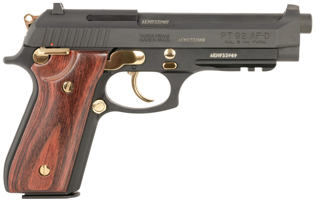 Taurus 1-920151GLD-HW1 92 Full Size Frame 9mm 17+1 5" Matte Black Stainless Steel Barrel, Matte Black Serrated Alloy Steel Slide, Matte Black w/Gold Accents Aluminum Frame w/Picatinny Rail, Wood Grip 1 174519