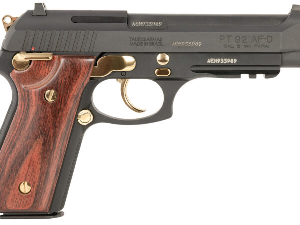 Taurus 1-920151GLD-HW1 92  Full Size Frame 9mm 17+1 5" Matte Black Stainless Steel Barrel, Matte Black Serrated Alloy Steel Slide, Matte Black w/Gold Accents Aluminum Frame w/Picatinny Rail, Wood Grip