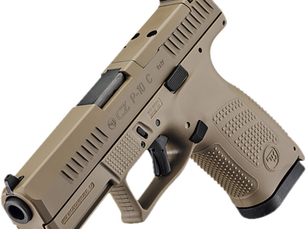 CZ-USA 91577 P-10 C  Compact Frame 9mm Luger 15+1 4.02" Black Stainless Steel Barrel, Black Nitride Serrated Steel Slide, Flat Dark Earth Polymer Frame w/Picatinny Rail, Interchangeable Backstrap Grip