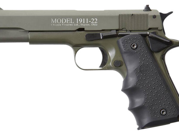 Chiappa Firearms 401121 1911-22  22 LR 10+1 5" OD Green Serrated Steel Slide & Beavertail Frame, Black Hogue Rubber w/Finger Grooves Grip
