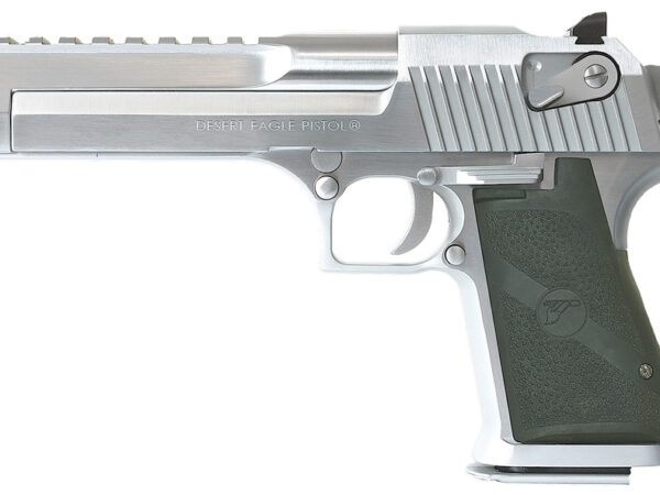 Magnum Research DE50BC Desert Eagle Mark XIX 50 AE Caliber with 6" Picatinny Rail Barrel, 7+1 Capacity, Overall Brushed Chrome Finish Carbon Steel, Beavertail Frame, Serrated Slide & Black Rubber Grip