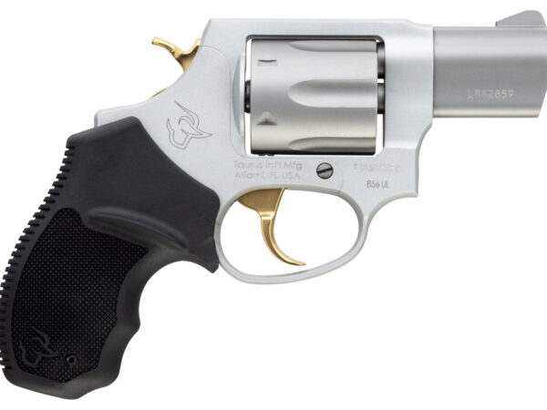 Taurus 2-856029ULGLD 856 Ultra-Lite Small 38 Special 6 Shot 2" Matte Stainless Steel Barrel, Cylinder & Frame, Gold Accents, Black Finger Grooved Rubber Grip, Transfer Bar Safety, Exposed Hammer