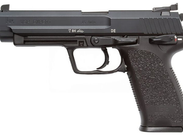 HK 81000364 USP Expert V1 SA/DA 45 ACP Caliber with 5.19" Barrel, 12+1 Capacity, Overall Black Finish, Serrated Trigger Guard Frame, Serrated Long Steel Slide & Polymer Grip Includes 2 Mags