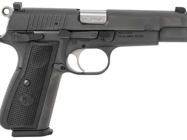 FN 66100256 High Power  9mm Luger 17+1, 4.70" Black Target Crown Steel Barrel, Black PVD Serrated Steel Slide & Steel Frame w/Beavertail, Black Textured Polymer Grip, Ambidextrous